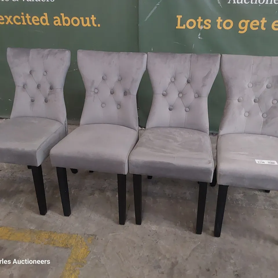 SET OF FOUR UPHOLSTERED BUTTONED RING BACK DINING CHAIRS GREY PLUSH FABRIC ON BLACK PAINTED LEGS 