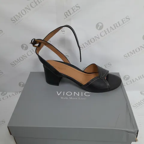BOXED PAIR OF VIONIC BLACK BLOCK HEELS SIZE UNSPECIFIED