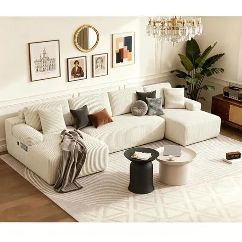 BOXED 4 SEATER CORDUROY SOFA - BEIGE (3 BOXES)