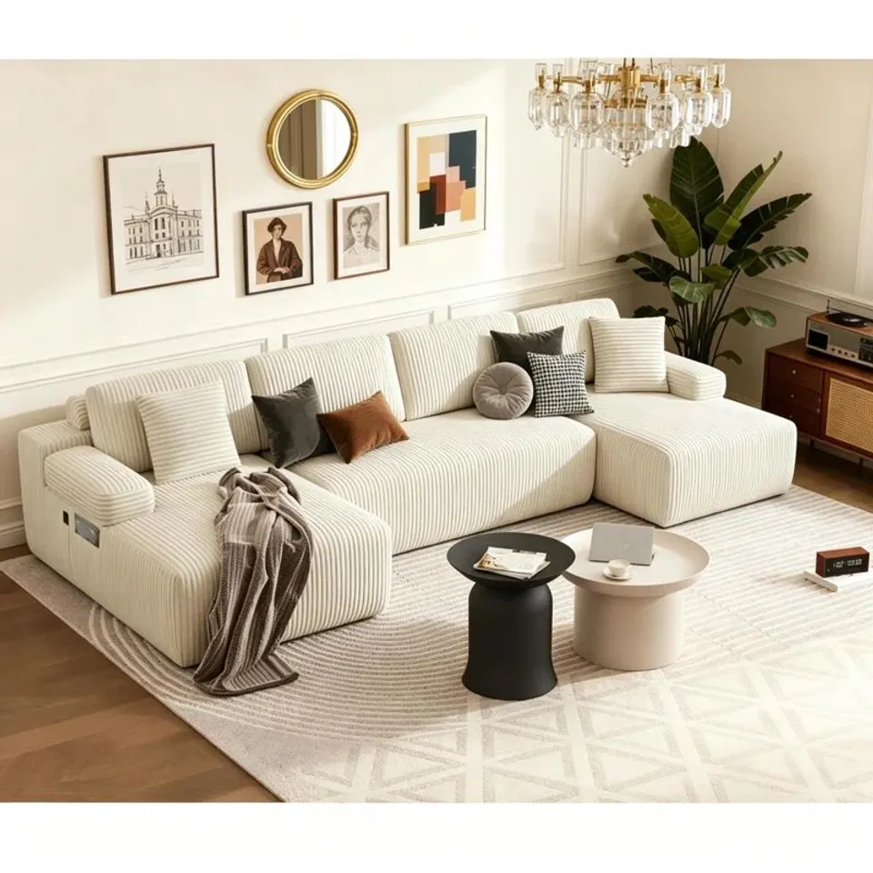 BOXED 4 SEATER CORDUROY SOFA - BEIGE (3 BOXES)