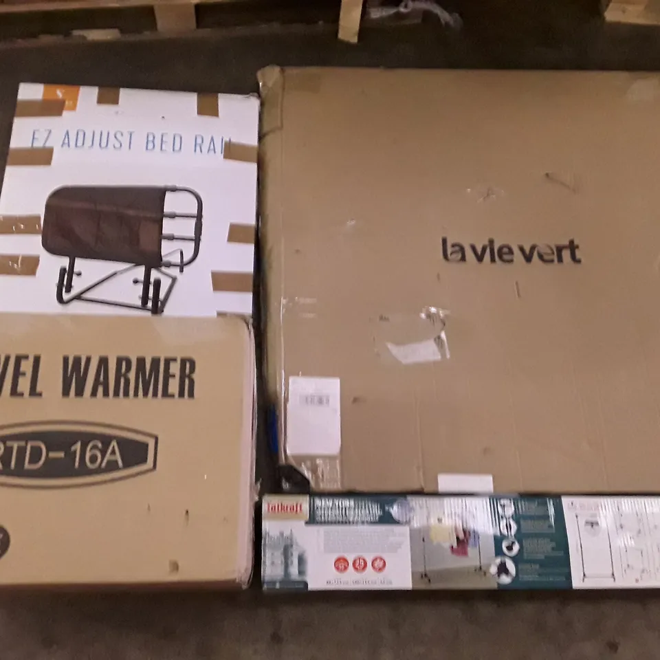 PALLET OF ASSORTED PRODUCTS INCLUDING LA VIE VERT 360 ROTATING PUZZLE BOARD, ADJUSTABLE BED RAIL, TOWEL WARMER, TATKRAFT CLOTHES RAIL WITH WHEELS