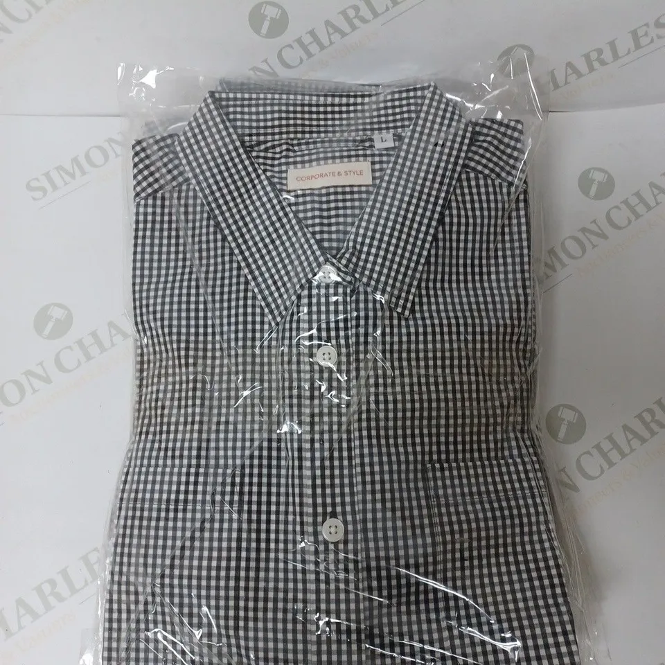 SEALED SET OF 5 BRAND NEW CORPORATIVE STYLE BLACK CHECK WOMENS SHIRT - LARGE