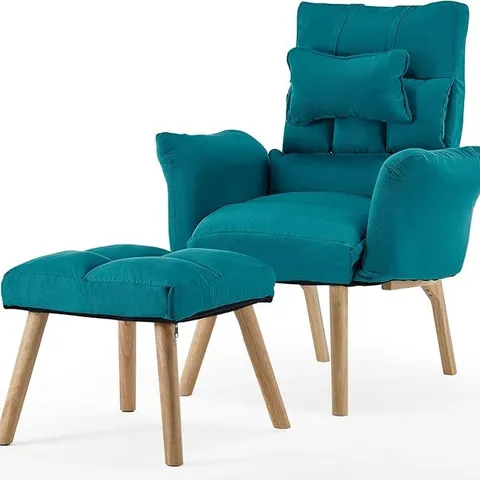 UPHOLSTERED SOFA & FOOTSTOOL BLUE FABRIC UPHOLSTERED