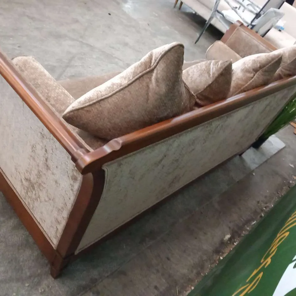 DESIGNER MAHOGANY FRAMED SOFA IN LAID WITH LIGHT BROWN FABRIC