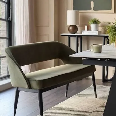 BOXED DANETTI CLOVER OLIVE GREEN VELVET DINING BENCH WITH BACKREST