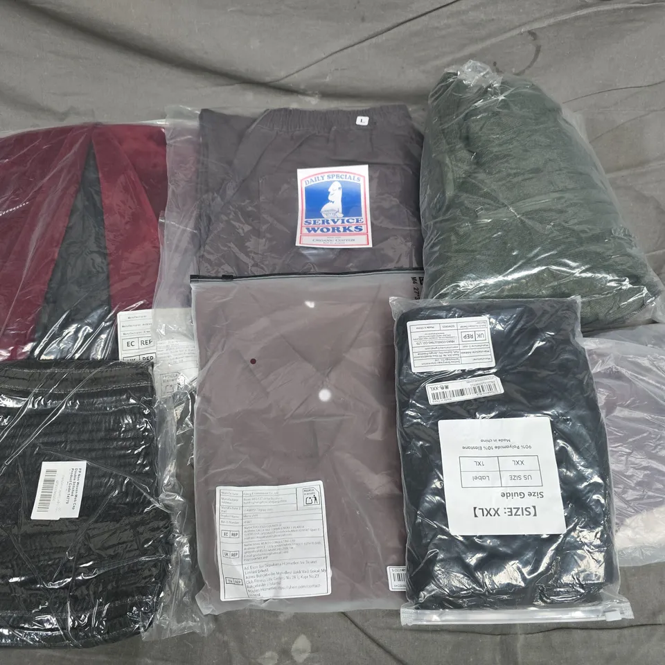 APPROXIMATELY 35 ASSORTED CLOTHING ITEMS IN VARIOUS SIZES, STYLES & COLOURS TO INCLUDE TOPS, WORK PANTS, DRESSES, ETC - COLLECTION ONLY