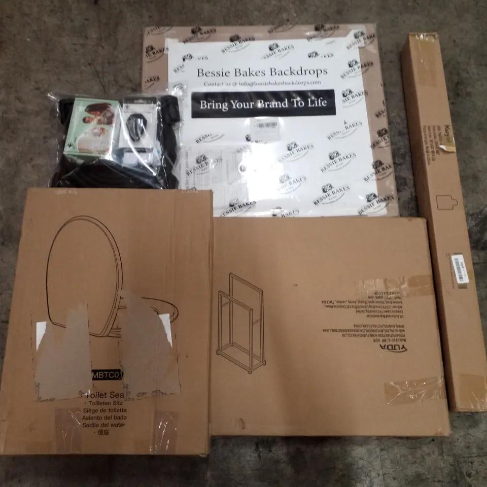 PALLET OF ASSORTED PRODUCTS INCLUDING TOILET SEAT, KUYAL CHAIR MAT, METAL TOWEL RACK, BABY EDGE PROOFING