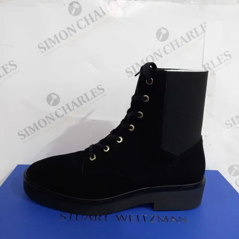 BOXED STUART WEITZMAN HENLEY SUEDE COMBAT BOOTS, BLACK - SIZE 39