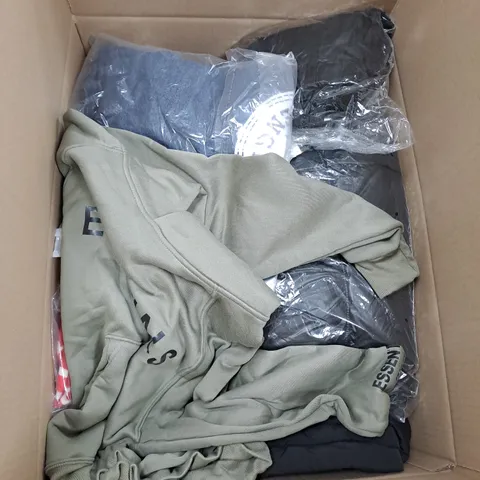 BOX OF APPROX. 50 ASSORTED CLOTHING VARYING IN SIZE/COLOUR/STYLE TO INCLUDE: TOPS, TROUSERS, JUMPERS