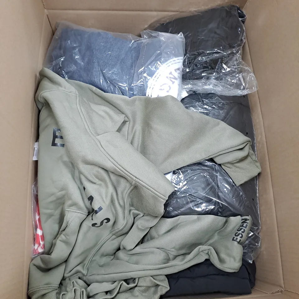 BOX OF APPROX. 50 ASSORTED CLOTHING VARYING IN SIZE/COLOUR/STYLE TO INCLUDE:  TOPS, TROUSERS, JUMPERS