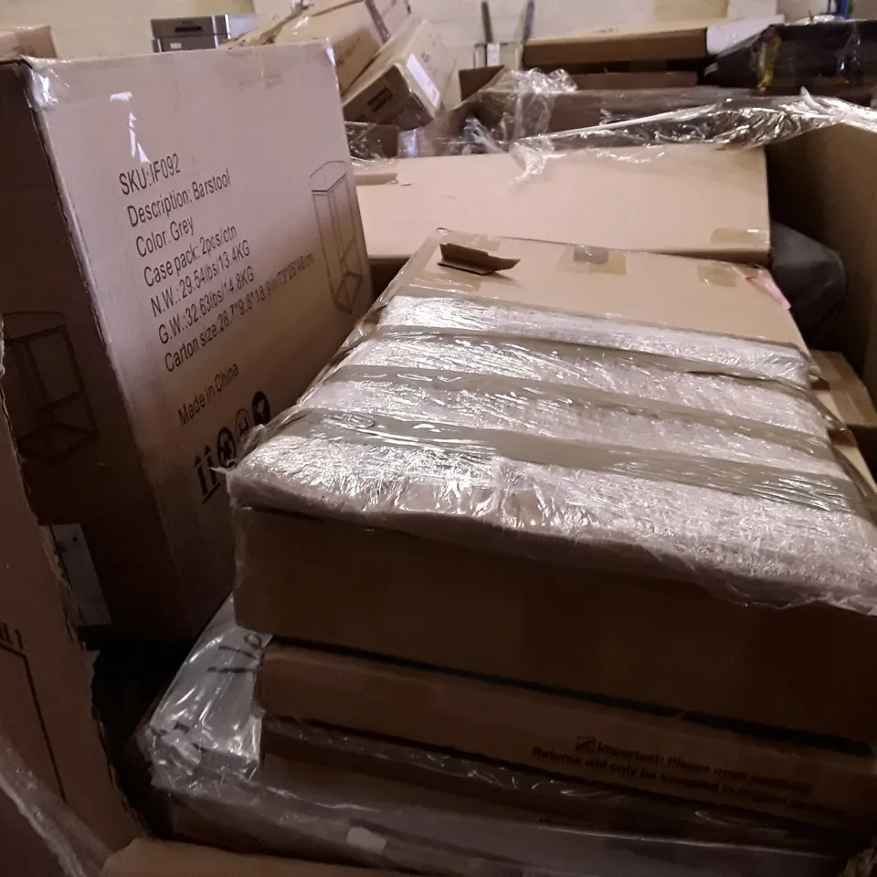 PALLET OF ASSORTED PRODUCTS INCLUDING MDF FRAME BLACK BOARD, FABIAN CLARKE PHOTO FRAME, WHITE CHRISTMAS TREE, STORAGE CHEST, BARSTOOL