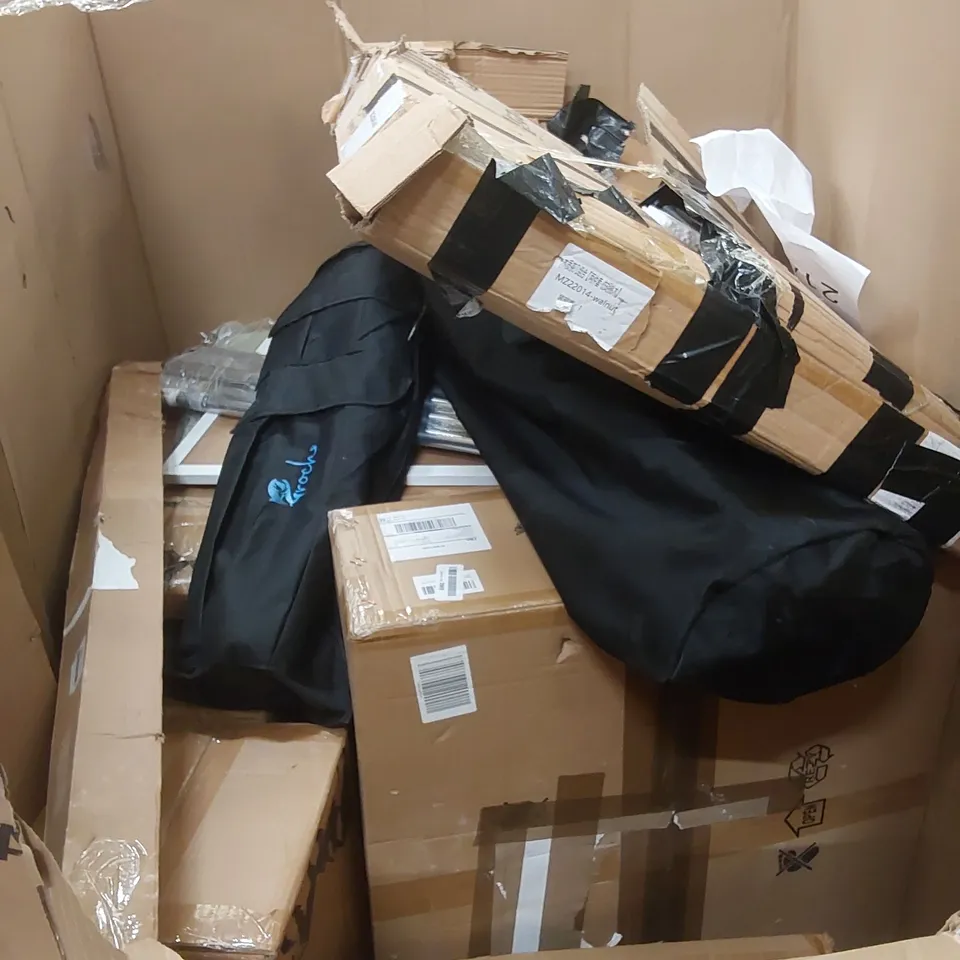 PALLET OF ASSORTED HOUSEHOLD ITEMS AND CONSUMER PRODUCTS TO INCLUDE; CHOCOLATE FOUNTAIN, COFFEE TABLE, CAMPING EQUIPMENT, BOXED FURNITURE ETC 