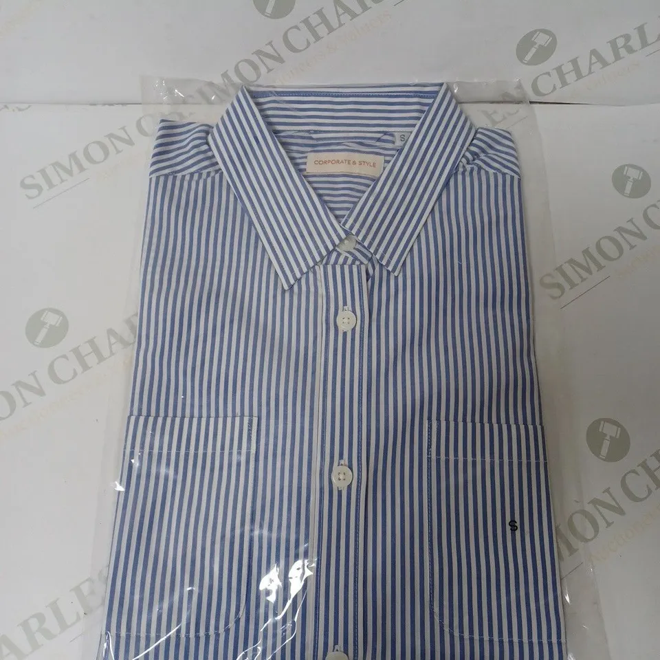SEALED SET OF 6 BRAND NEW CORPORATIVE STYLE WHITE & BLUE STRIPE WOMENS SHIRT WITH ROLL UP SLEEVES - SMALL