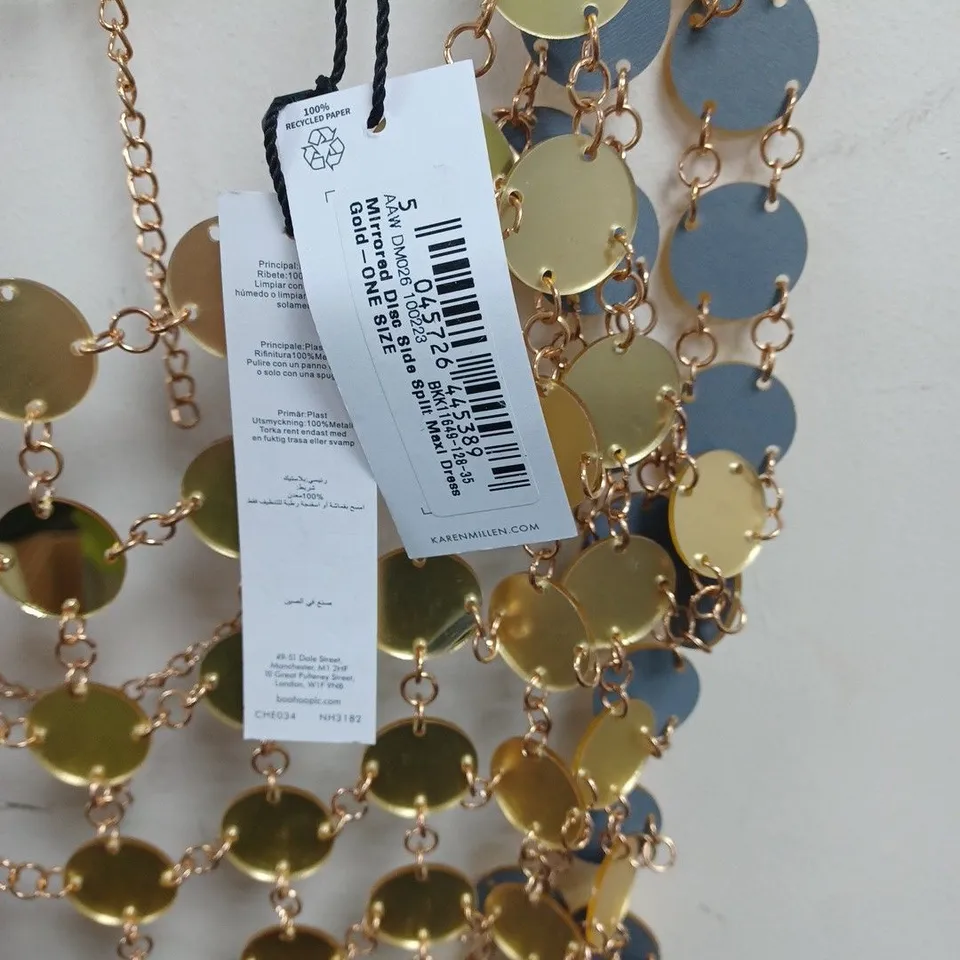 KAREN MILLEN MIRRORED DISC SIDE SPLIT MAXI DRESS IN GOLD - ONE SIZE