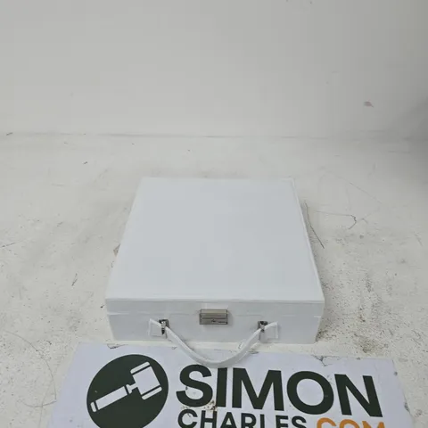 WHITE JEWELLERY BOX WITH BEIGE FABRIC INTERIOR AND MULTIPLE COMPARTMENTS