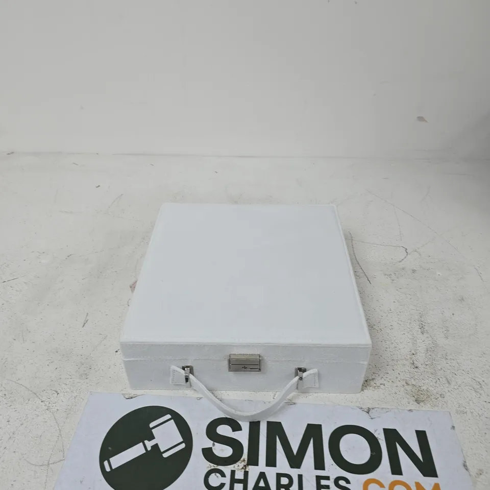 WHITE JEWELLERY BOX WITH BEIGE FABRIC INTERIOR AND MULTIPLE COMPARTMENTS