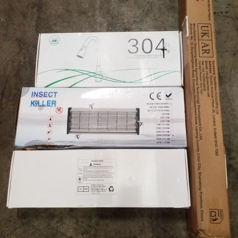 PALLET CONTAINING ASSORTED PRODUCTS INCLUDING STAINLESS STEEL FAUCET, INSECT KILLER, SHOWER MIXER & WEED BARRIER FABRIC