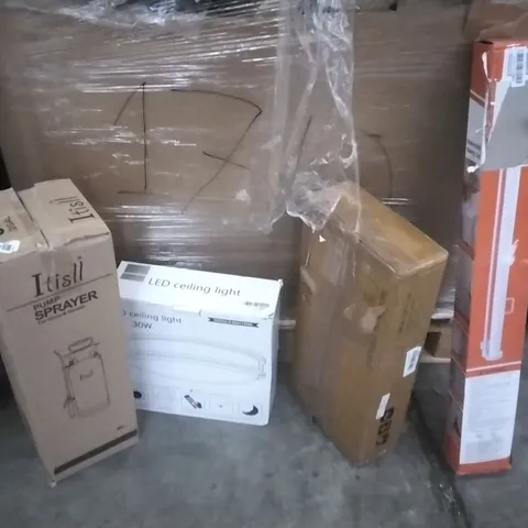 PALLET OF ASSORTED ITEMS INCLUDING LED CEILING LIGHT, OUTPUT SPRAYER, PERFECTA WATER BATH, PORTABLE WARDROBE, RETRACTABLE SAFETY GATE