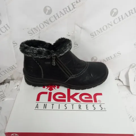 BOXED RIEKER ANKLE BOOTS WITH FUR CUFF, BLACK - SIZE 6