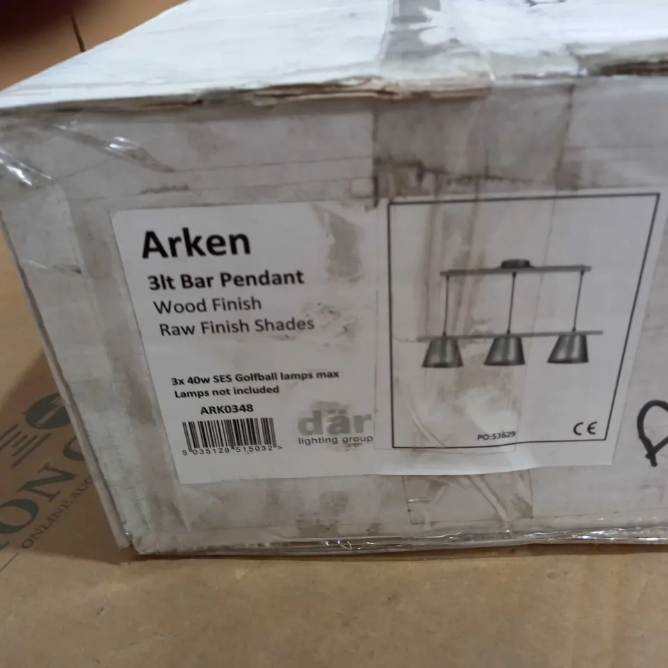 DAR ARKEN 3LT BAR PENDANT -WOODEN FINISH , RAW FINISH SHADES