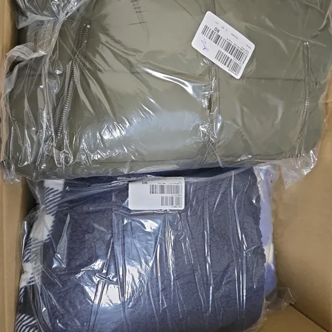BOX OF APROX 8 ASSORTED CLOTHING AND HOUSEHOLD ITEMS IN VARIOUS STYLES. SIZES, AND COLOURS - COLLECTION ONLY