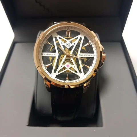 MENS VONLANTHEN AUTOMATIC SKELETON WATCH – V110 - GLASS EXHIBITION BACKCASE – BLACK LEATHER STRAP