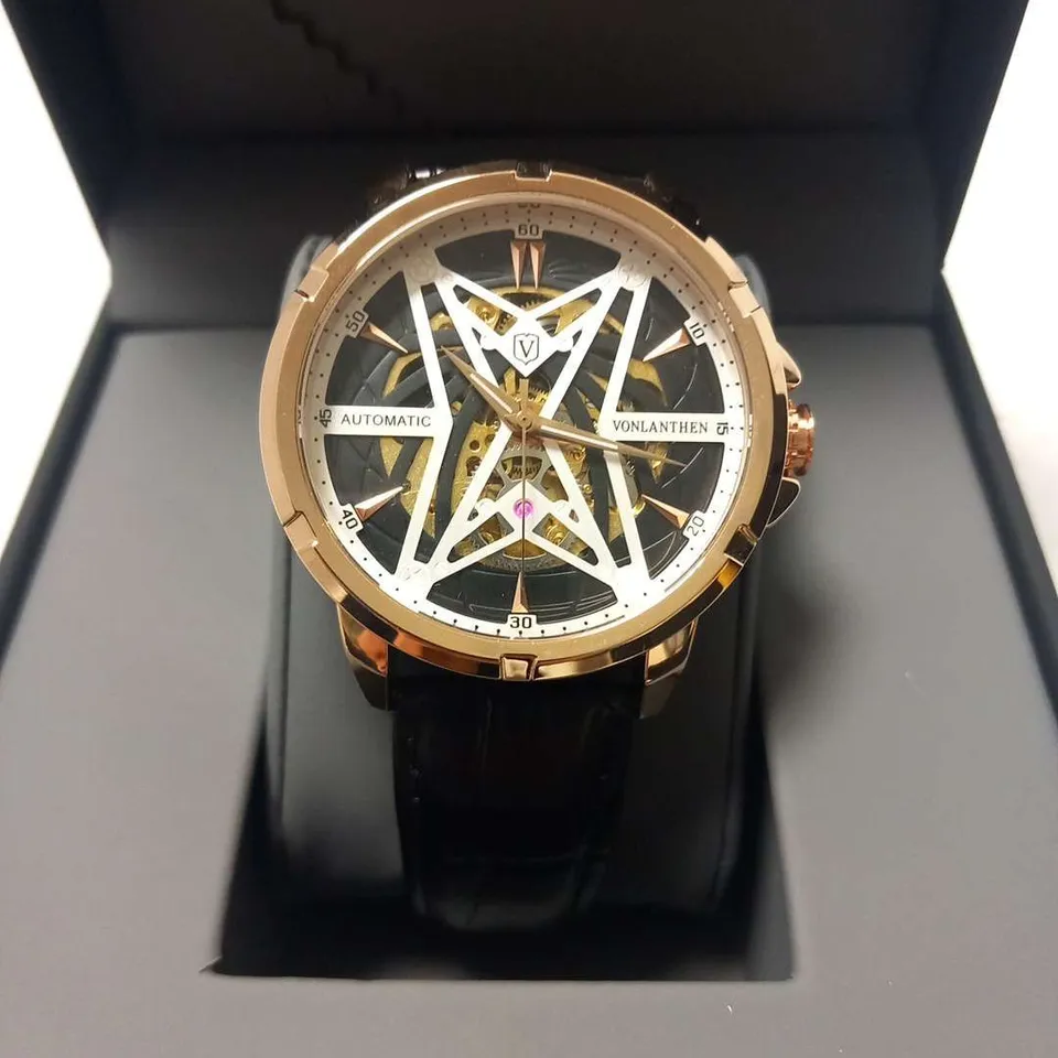 MENS VONLANTHEN AUTOMATIC SKELETON WATCH – V110 - GLASS EXHIBITION BACKCASE – BLACK LEATHER STRAP
