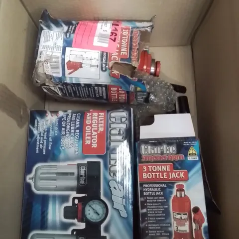 MIXED BOX OF TOOLS AND MACHINERY EQUIPMENT TO INCLUDE: BOTTLES JACK'S, FILTER REGULATOR AND OILER