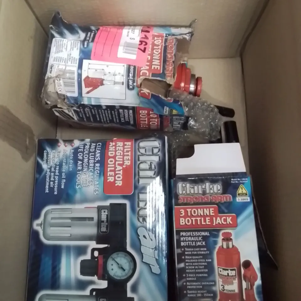 MIXED BOX OF TOOLS AND MACHINERY EQUIPMENT TO INCLUDE: BOTTLES JACK'S, FILTER REGULATOR AND OILER