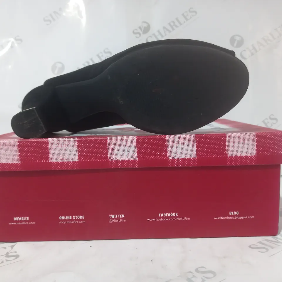 BOXED PAIR OF MISS L FIRE BETTY OPEN TOE HEELED SHOES IN BLACK SUEDE EU SIZE 40