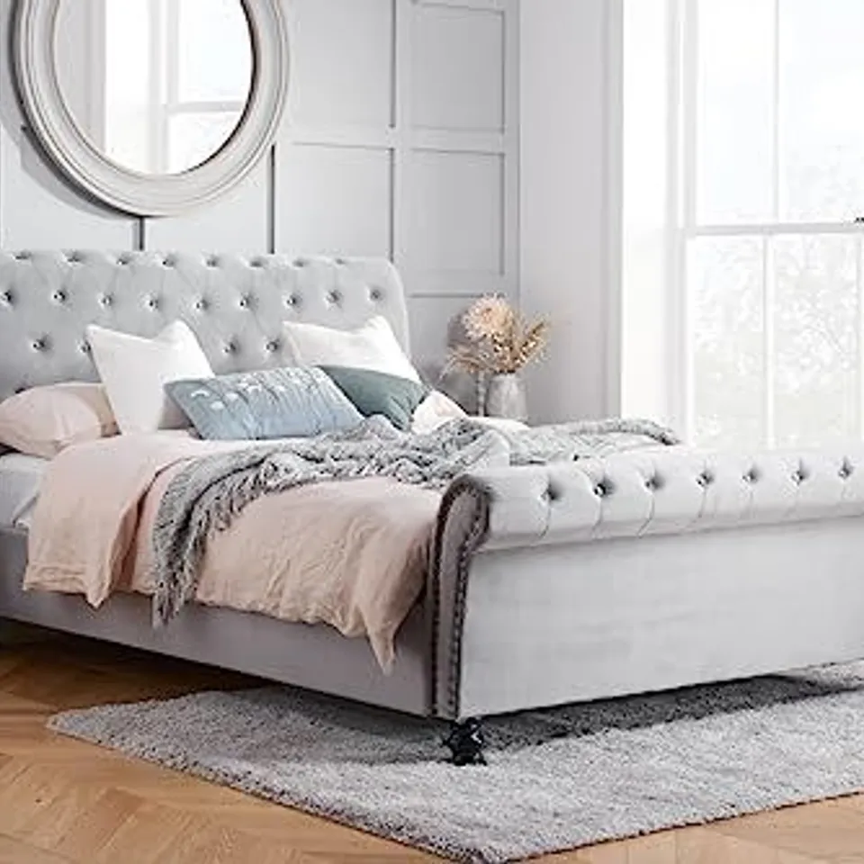 BOXED BIRLEA, 180CM SUPERKING OPULENCE FABRIC BED, GREY VELVET (3 BOXES)