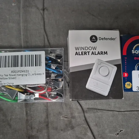 APPROXIMATELY 10 ASSORTED HOUSEHOLD ITEMS TO INCLUDE WINDOW ALERT ALARM, SQUIRE HOME PADLOCK, ETC
