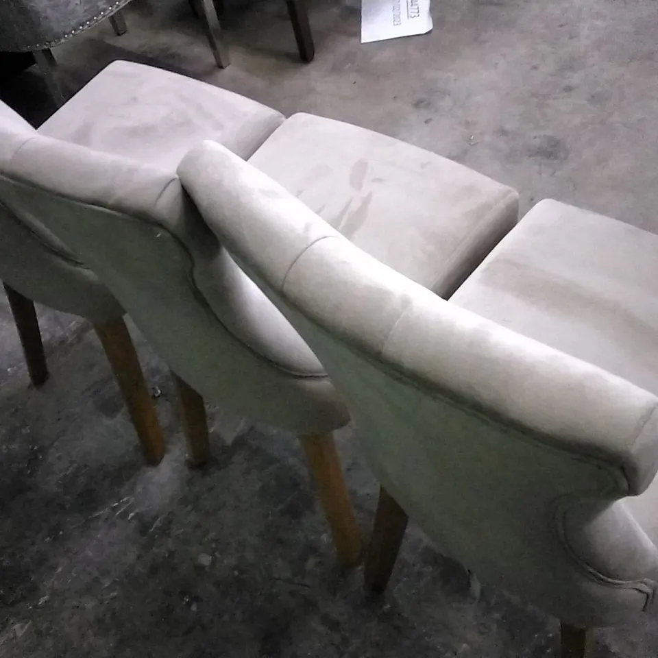 SET OF 3 PLUSH MINK FABRIC BUTTONBACK DINING CHAIRS WITH WOODEN LEGS