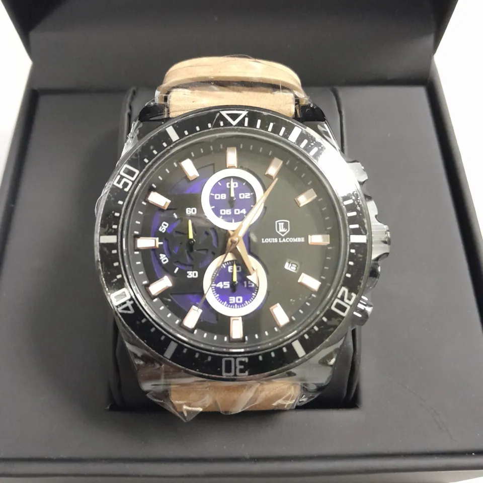 MENS LOUIS LACOMBE CHRONOGRAPH 3 SUB DIAL WATCH IN BLACK WITH BROWN LEATHER STRAP IN GIFT  BOX