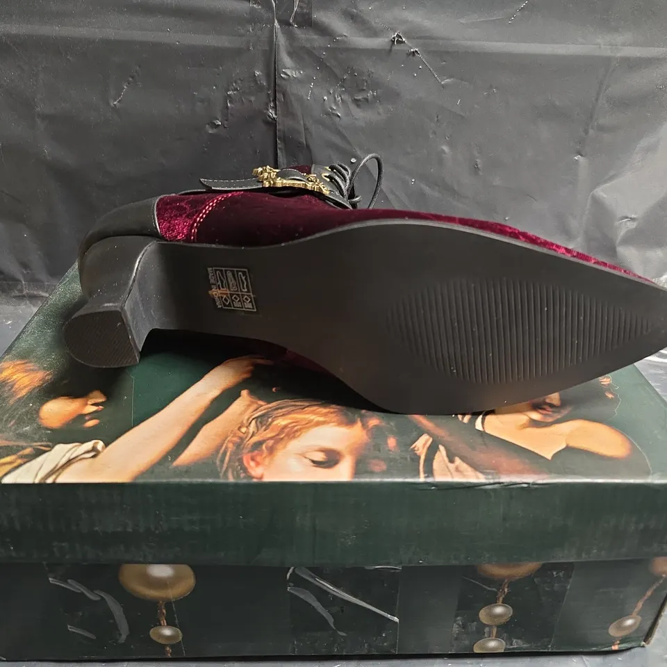 WOMEN'S BURGUNDY VELVET LACE-UP BOOTS WITH BUCKLE DETAIL - UK SIZE 6