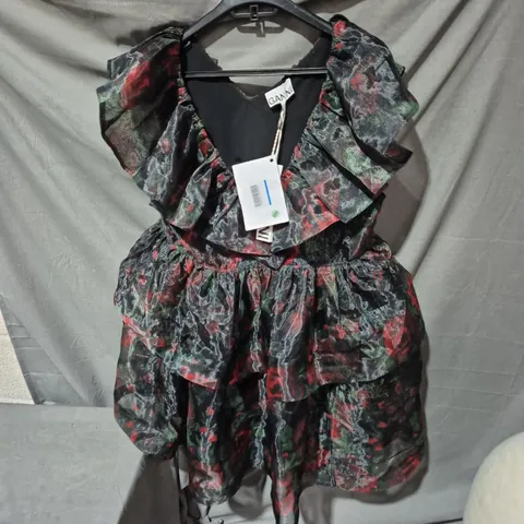 GANNI FLORAL PRINT DRESS WITH LARGE RUFFLE COLLAR β BLACK WITH RED/GREEN ONE SIZE