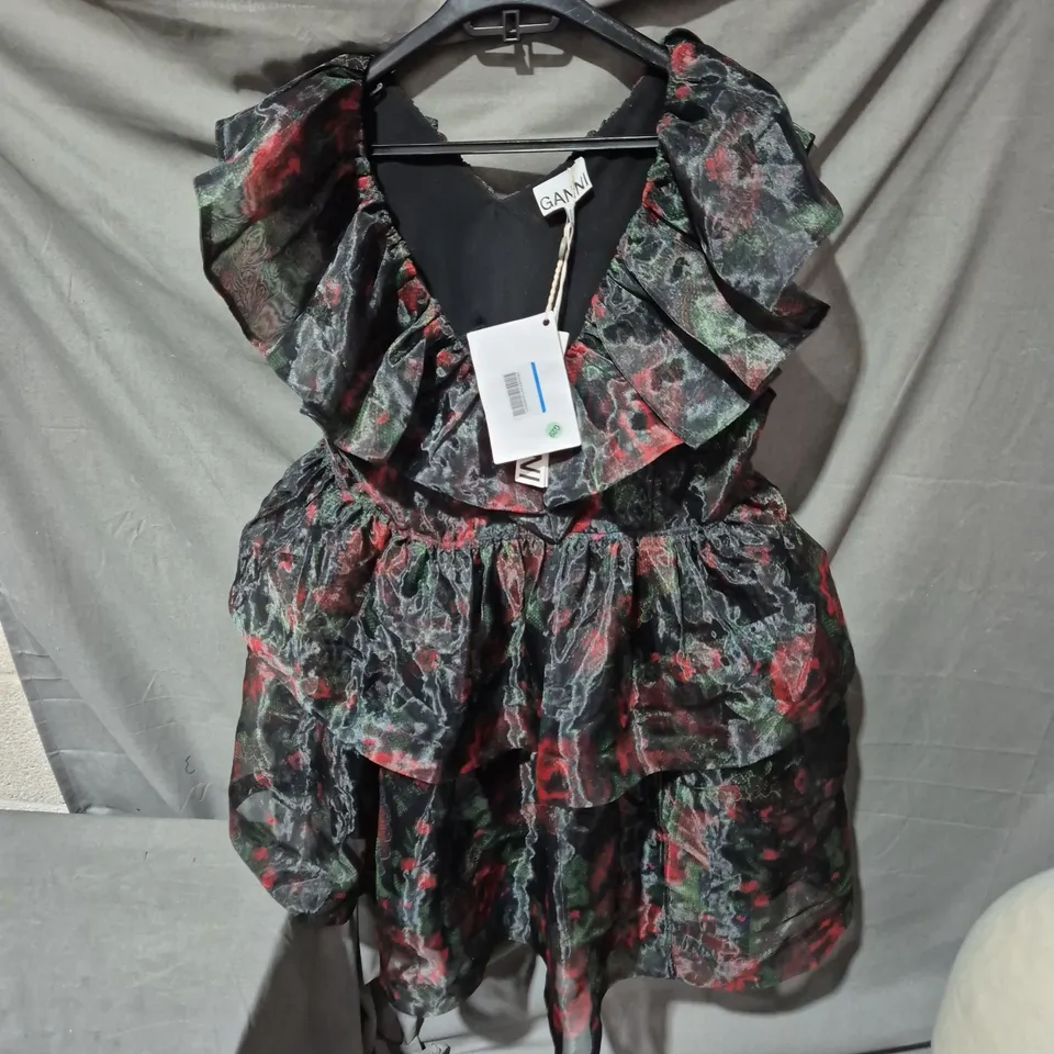 GANNI FLORAL PRINT DRESS WITH LARGE RUFFLE COLLAR – BLACK WITH RED/GREEN ONE SIZE