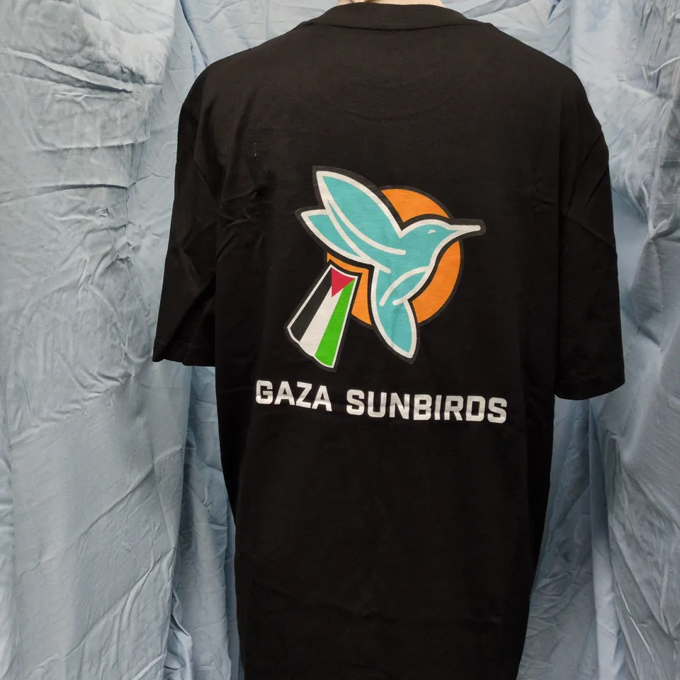 GAZA SUNBIRDS BLACK T‑SHIRT – FRONT CHEST LOGO, BACK GRAPHIC, UK M (MEDIUM)