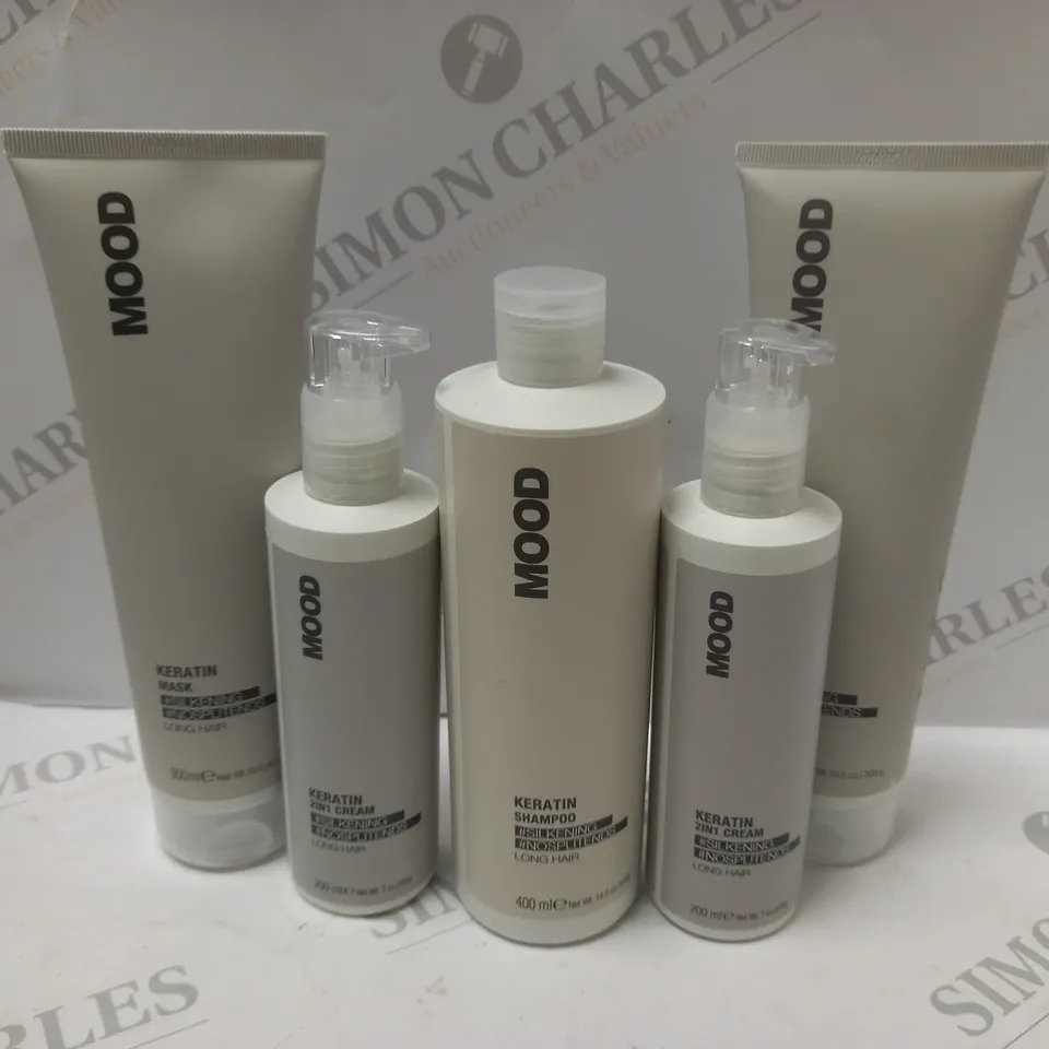 5 MOOD PRODUCTS TO INCLUDE 2 KERATIN MASK LONG HAIR (300ml), 2 KERATIN 2IN1 CREAM LONG HAIR (200ml), 1 KERATIN SHAMPOO (400ml)