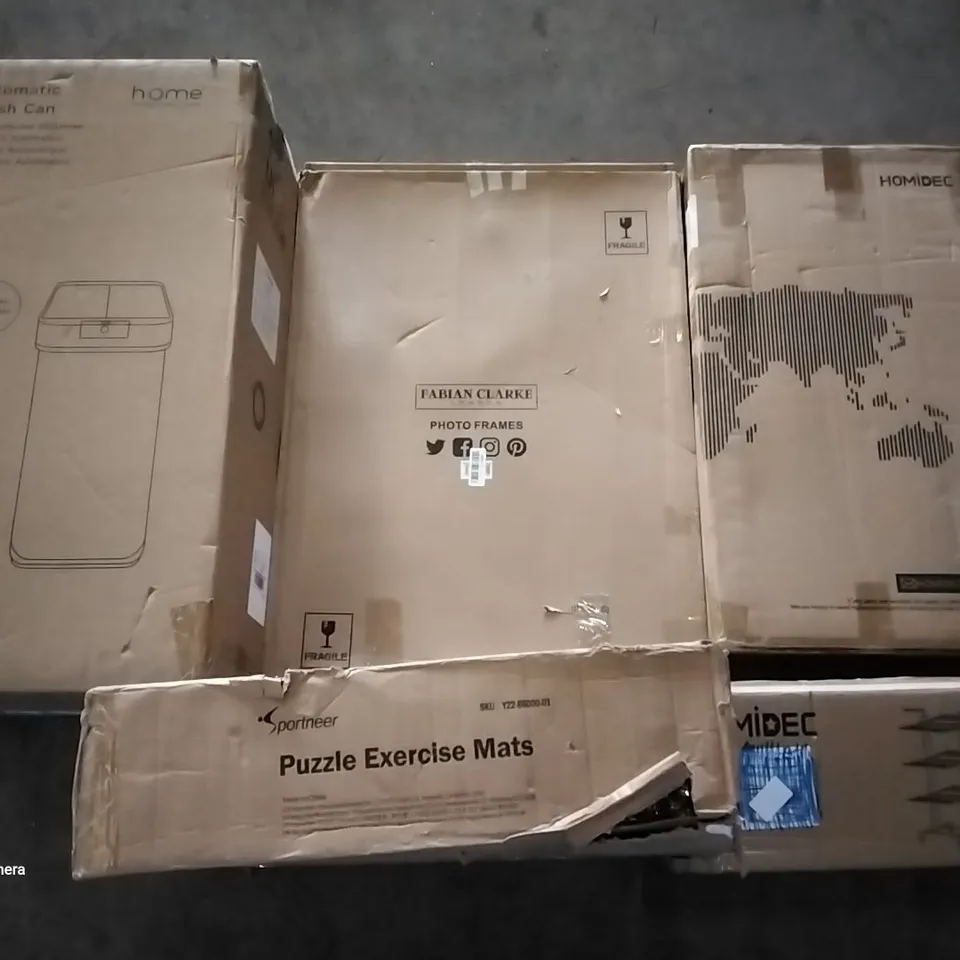 PALLET OF ASSORTED ITEMS INCLUDING HOME AUTOMATIC TRASH CAN, PUZZLE EXERCISE MATS, FABIAN CLARKE PHOTO FRAMES, HOMIDEC DRYING RACK, BBQ GRILL, LED CEILING MOUNTED LIGHT