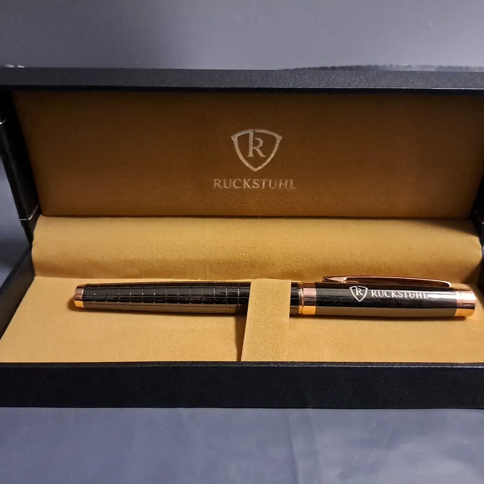 RUCKSTUHL STAINLESS STEEL LUXURY PEN IN GIFT BOX – BLACK & ROSE GOLD COLOUR CASE