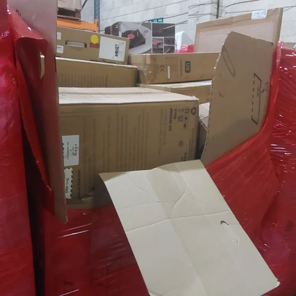 PALLET OF ASSORTED HOUSEHOLD GOODS AND PRODUCTS TO INCLUDE: PAPER SHREDDERS, COOKER HOOD, VANITY MIRROR, 3-SPEED TURNTABLE, LED TV ECT