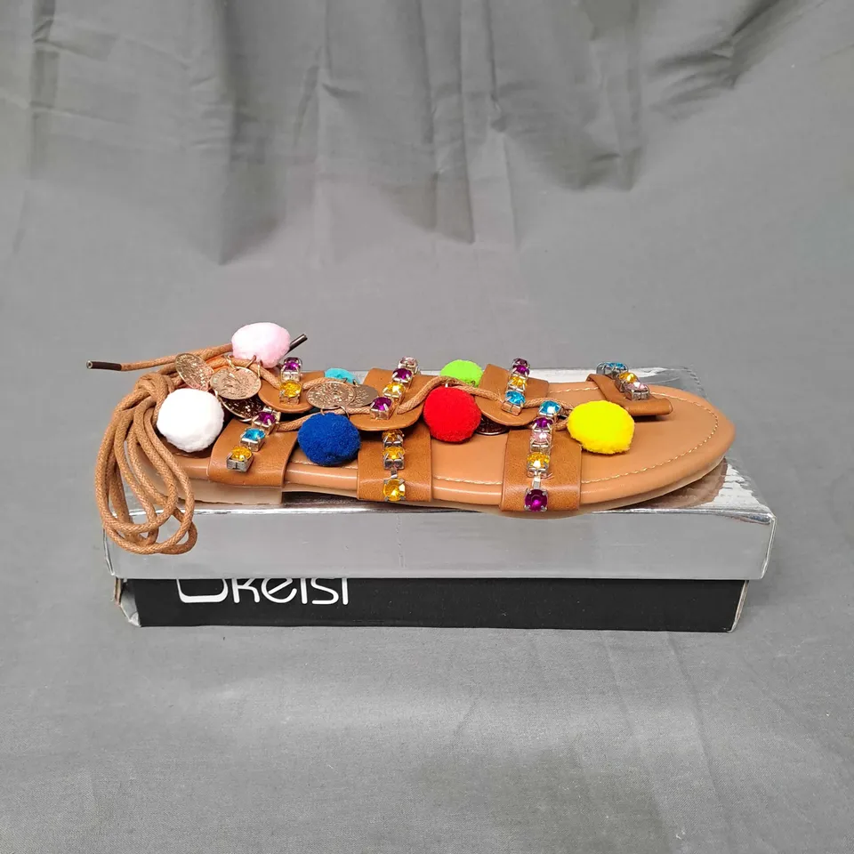 BOX OF APPROXIMATELY 8 PAIRS OF KELSI EMBELLISHED SANDALS IN CAMEL - VARIOUS SIZES 