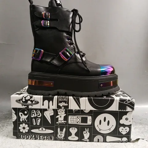 BOXED PAIR OF KOI COSMIC FIRE METAL PLATFORM BOOTS IN BLACK SIZE UK 5