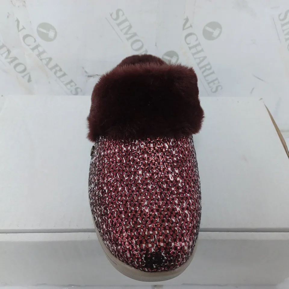 SKECHERS BURGUNDY ARCH SLIP ON SHOES - SIZE 5