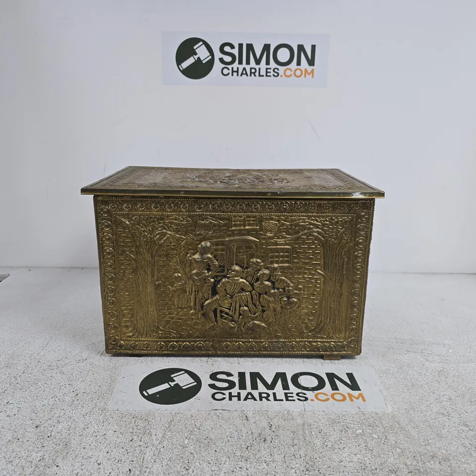 ANTIQUE WOOD AND EMBOSSED BRASS FIRESIDE LOG BOX