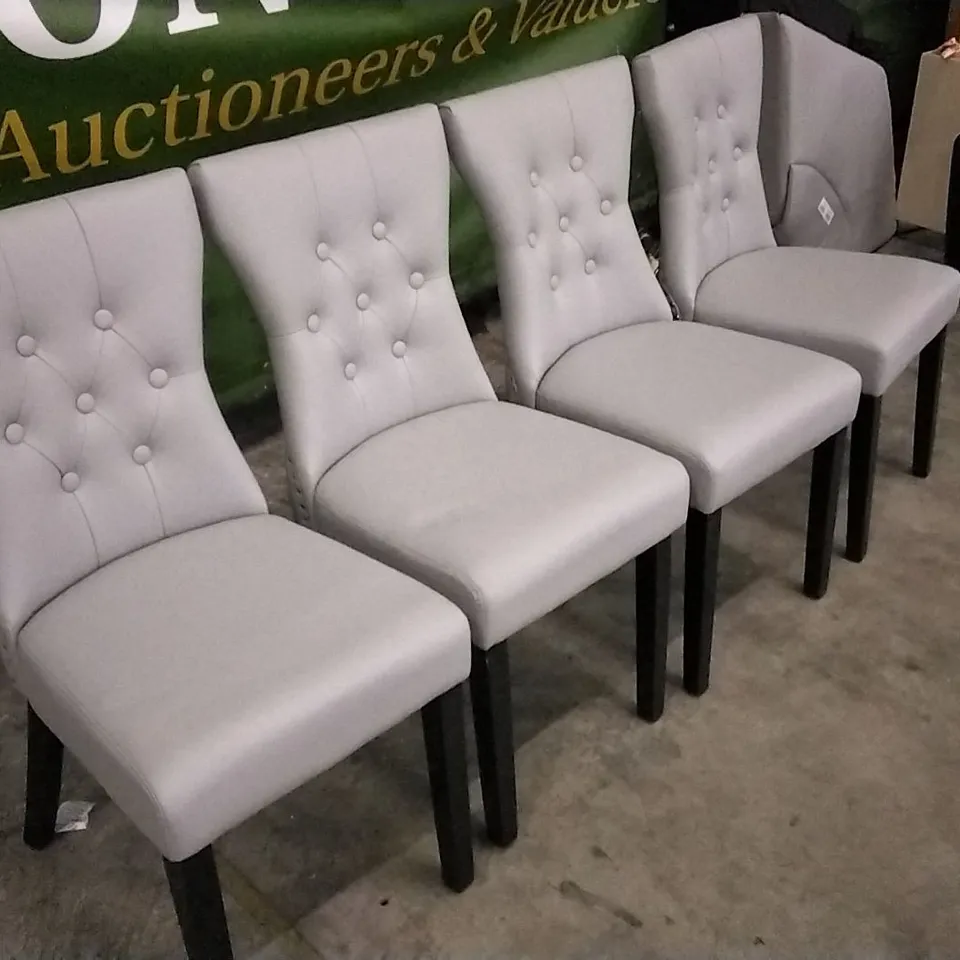 SET OF 4 LIGHT GREY LEATHER BUTTONBACK STUDDED DINING CHAIRS WITH KNOCKER BACKS AND BLACK WOODEN LEGS