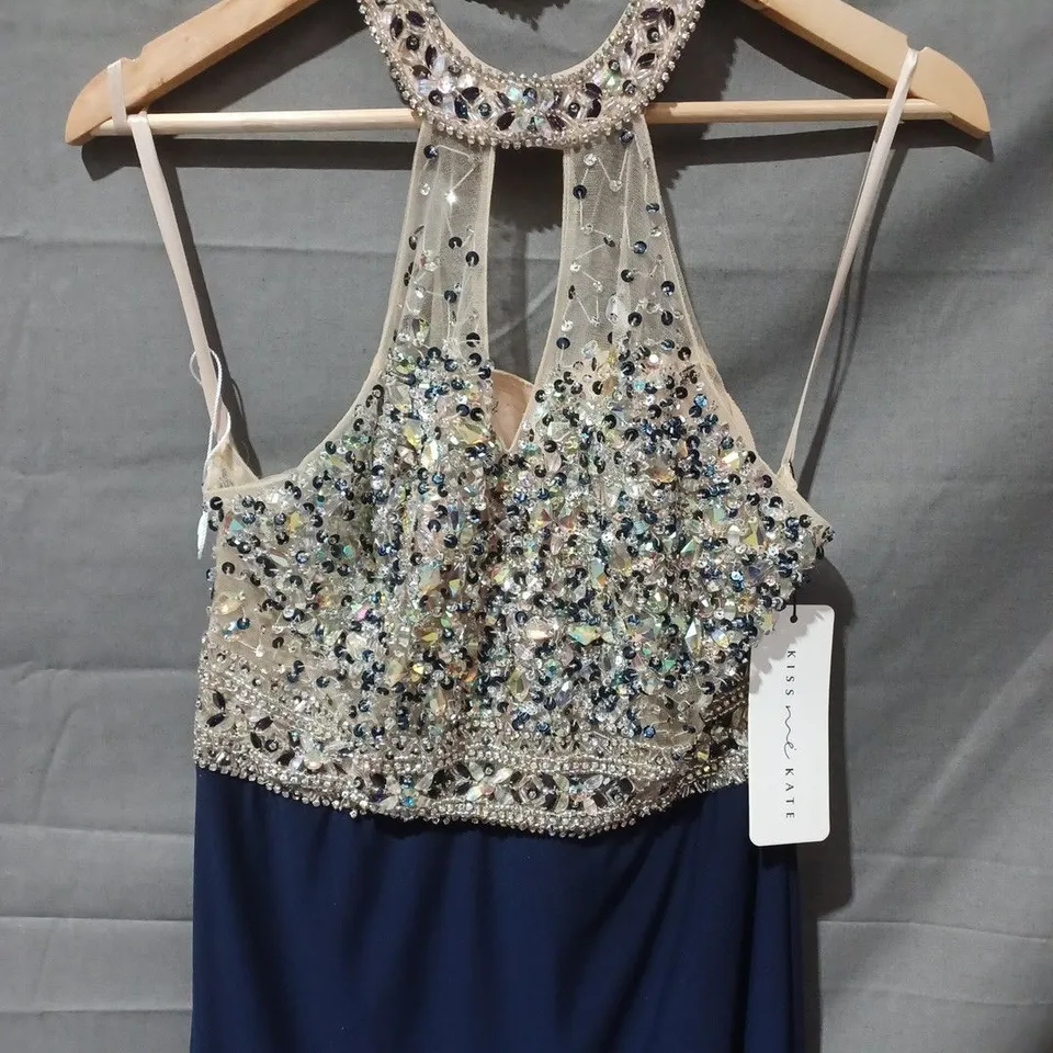 KISS ME KATE HALTER NECK CRYSTAL DETAIL DRESS IN NAVY - SIZE 8