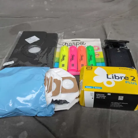 APPROXIMATELY 15 ASSORTED HOUSEHOLD ITEMS TO INCLUDE SHARPIE PENS , TABLET CASE AND LIBRE 2 PLUS