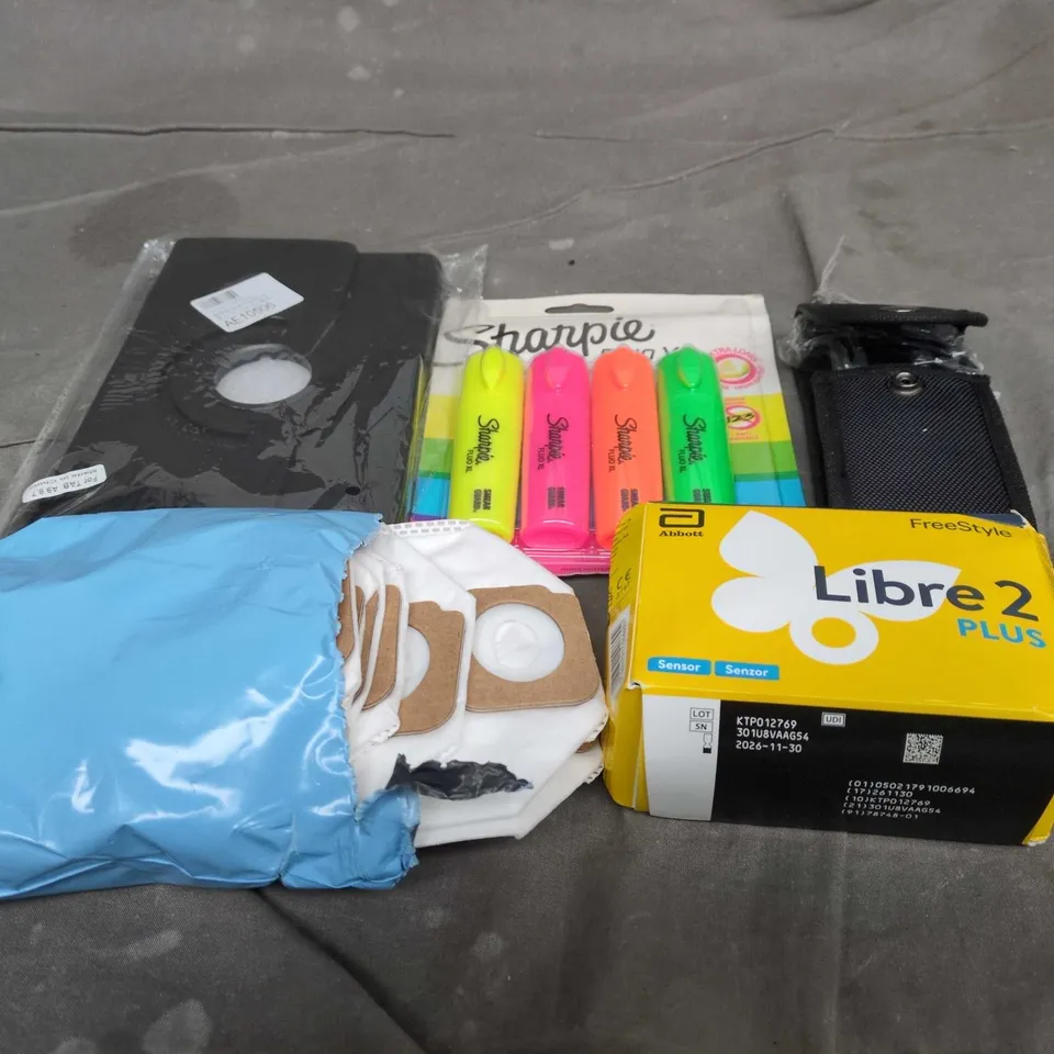 APPROXIMATELY 15 ASSORTED HOUSEHOLD ITEMS TO INCLUDE SHARPIE PENS , TABLET CASE AND LIBRE 2 PLUS